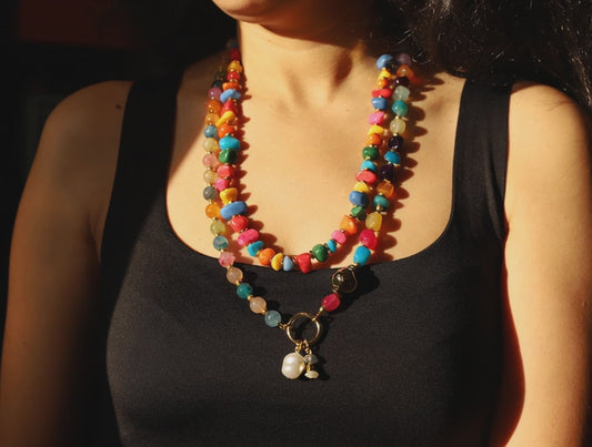 Color Crush – Rainbow Gemstone Necklace with Gold Drop Charm