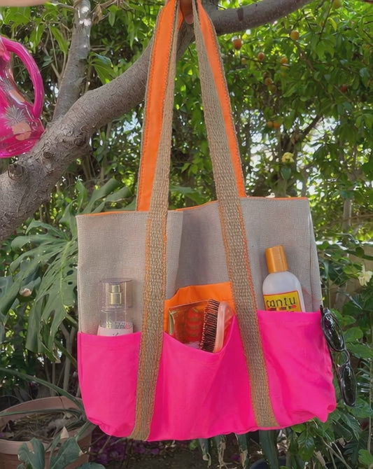 Neon Utility – Canvas Tote Bag with Bright Pink & Orange Pockets
