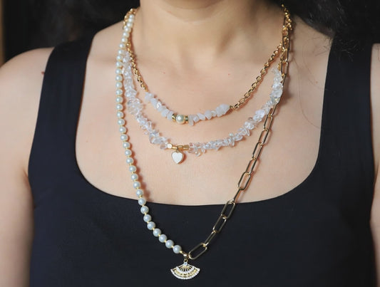 Crystal Muse – Layered Necklace with Pearls, Crystals & Gold Chain
