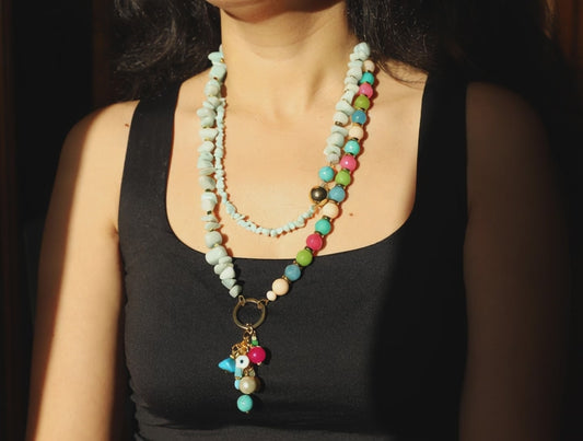 Mint Mix – Layered Beaded Necklace with Charms & Aqua Stones