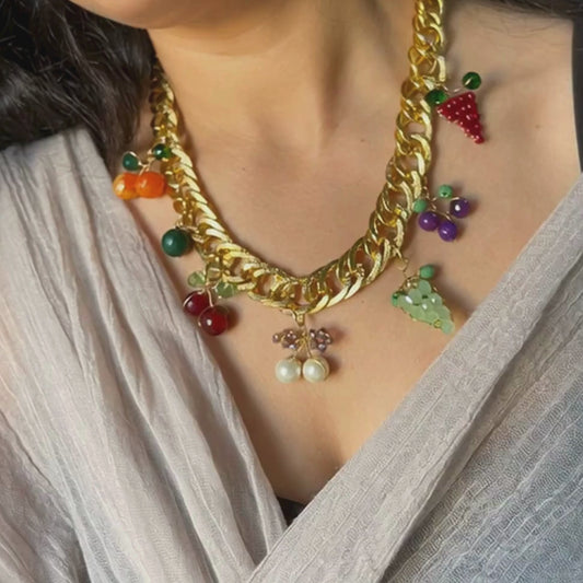 Fruit Charms – Bold Gold Necklace with Playful Beaded Fruits
