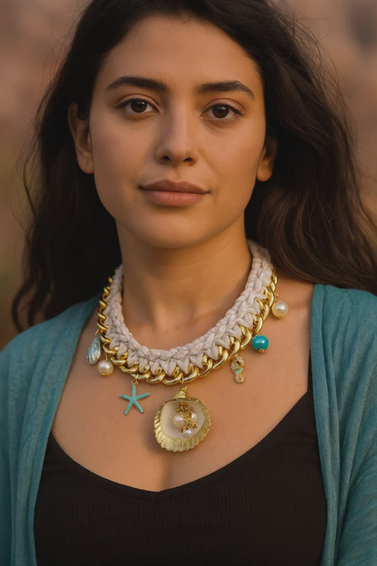 Seashore Glow – White Crochet & Gold Chain Necklace with Shell, Starfish & Pearl Charms | Handmade Nautical Statement Jewelry