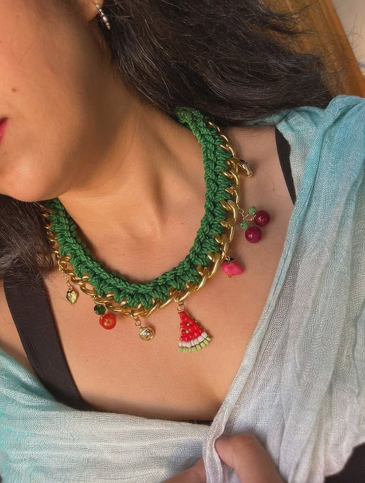 Fruit Garden – Green Handwoven Necklace with Beaded Fruit Charms