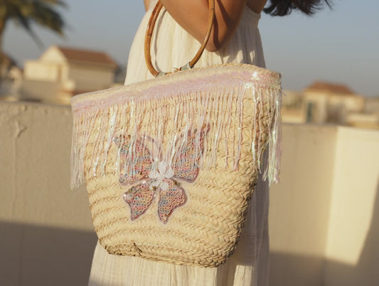 Butterfly Mirage – Sequin Fringe Straw Tote