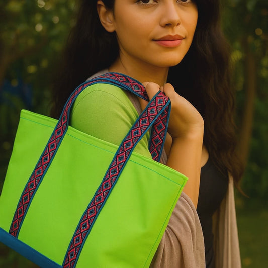 Lime Pop – Neon Green Tote with Tribal Strap Detail